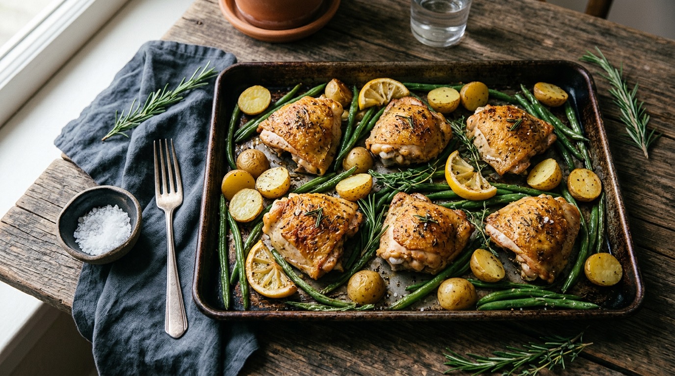 Sheet pan of lemon herb chicken thighs with baby potatoes and green beans