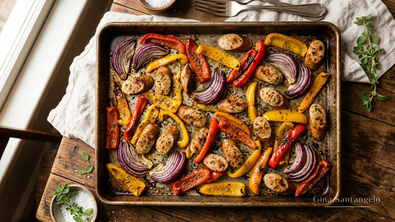 Chicken sausage with peppers and onions in a skillet
