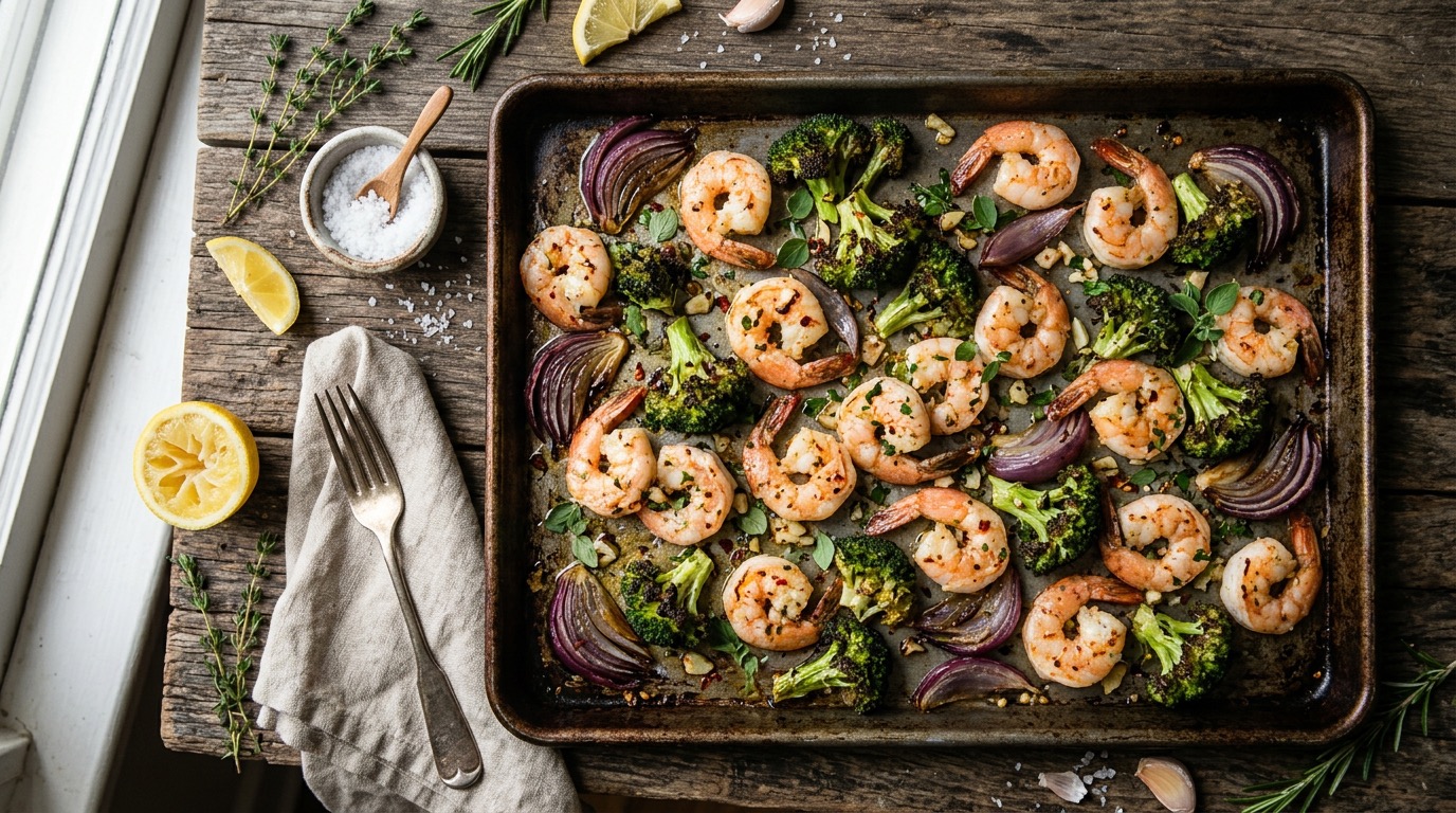 Sheet pan of lemon garlic shrimp with roasted broccoli and red onion