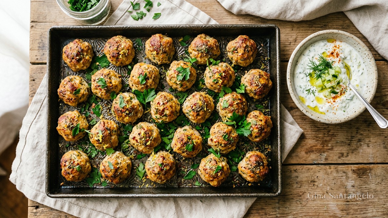 Sheet pan of lemon garlic turkey meatballs with broccolini and cherry tomatoes