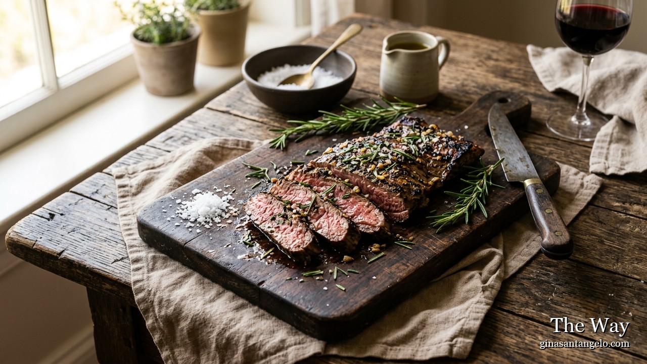 Sliced garlic herb skirt steak on a board