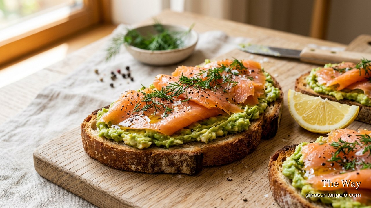 Smoked salmon and avocado on toasted whole-grain sourdough