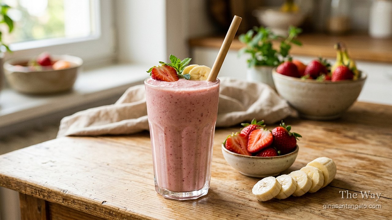 Strawberry banana breakfast smoothie in a glass