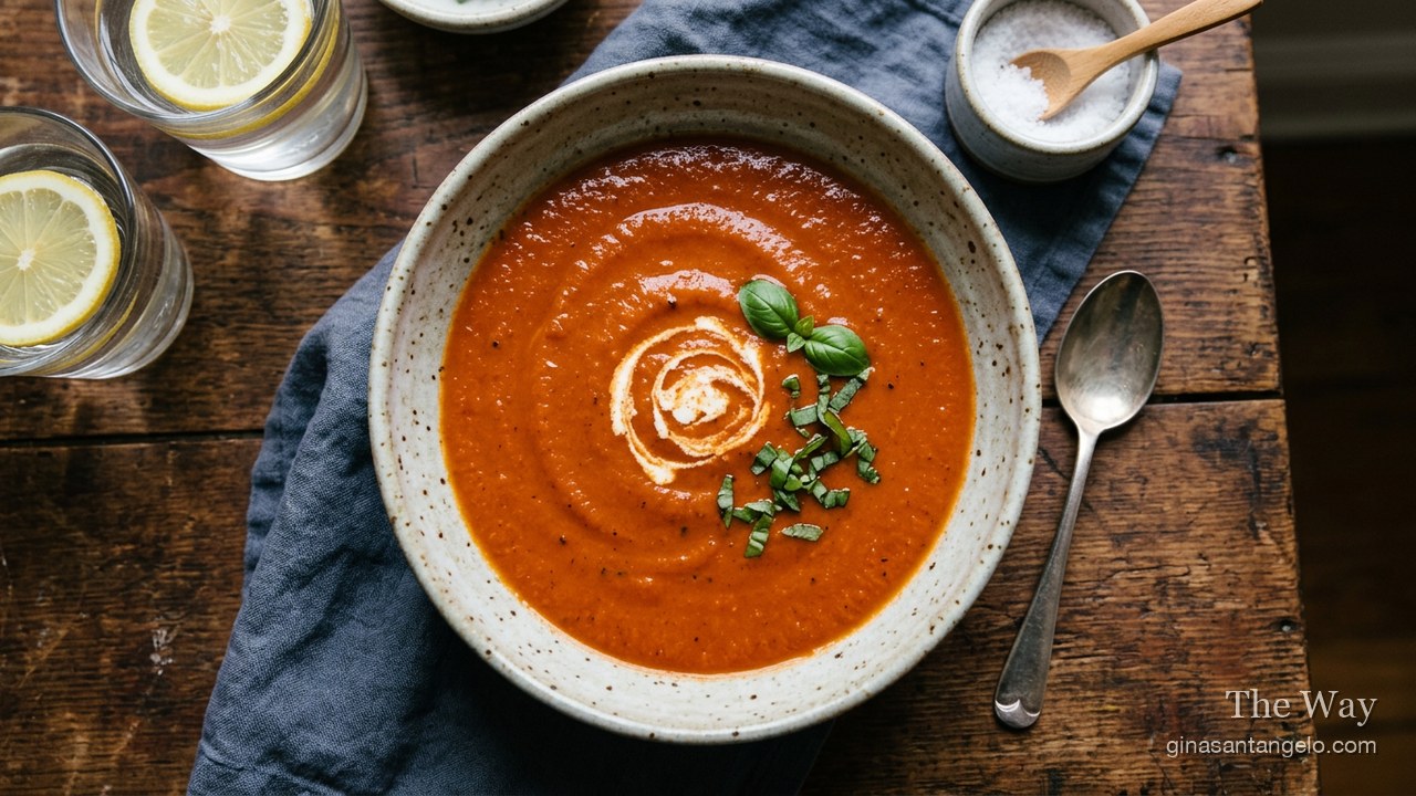 A bowl of roasted tomato basil soup with fresh basil