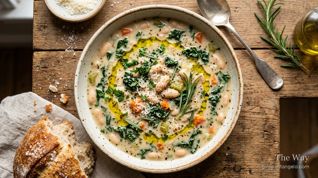 A bowl of Tuscan white bean soup with spinach and Parmesan
