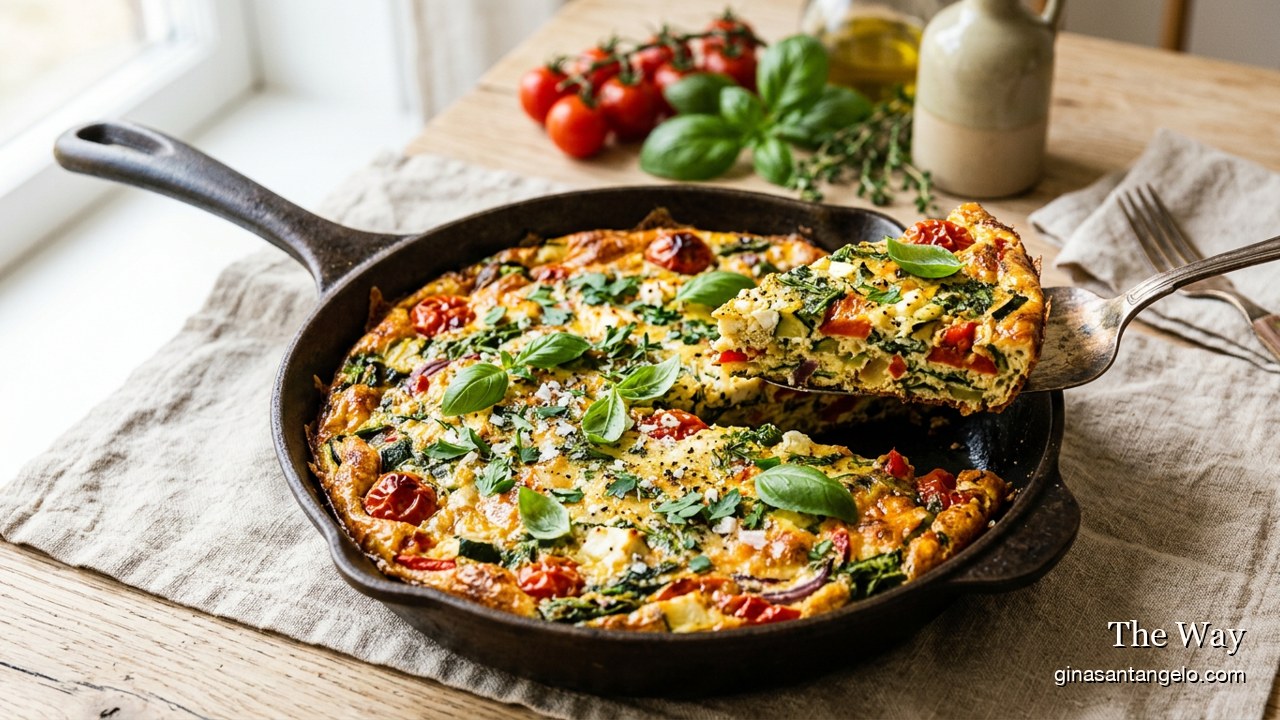 A vegetable and herb frittata sliced on a board