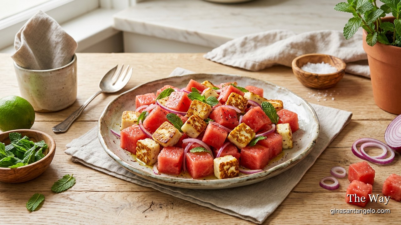 Watermelon and seared halloumi salad with mint on a platter