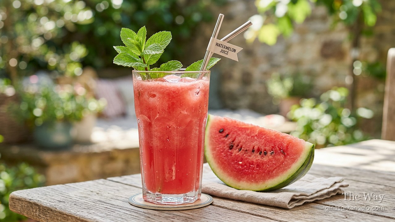 Watermelon mint juice, pink, in a glass with mint