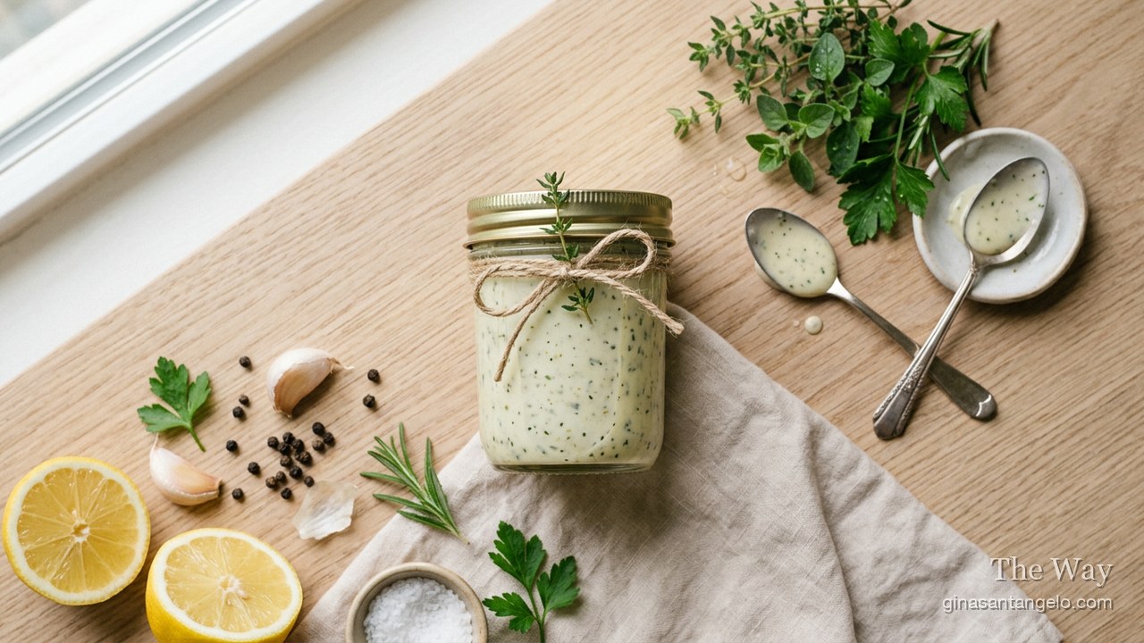 White balsamic herb dressing in a jar with fresh herbs
