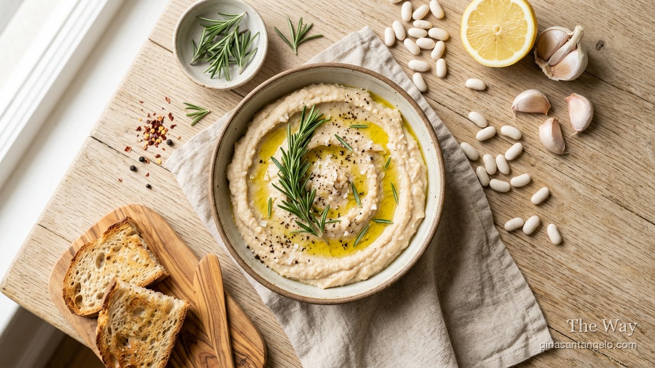 White bean hummus in a bowl with olive oil and paprika