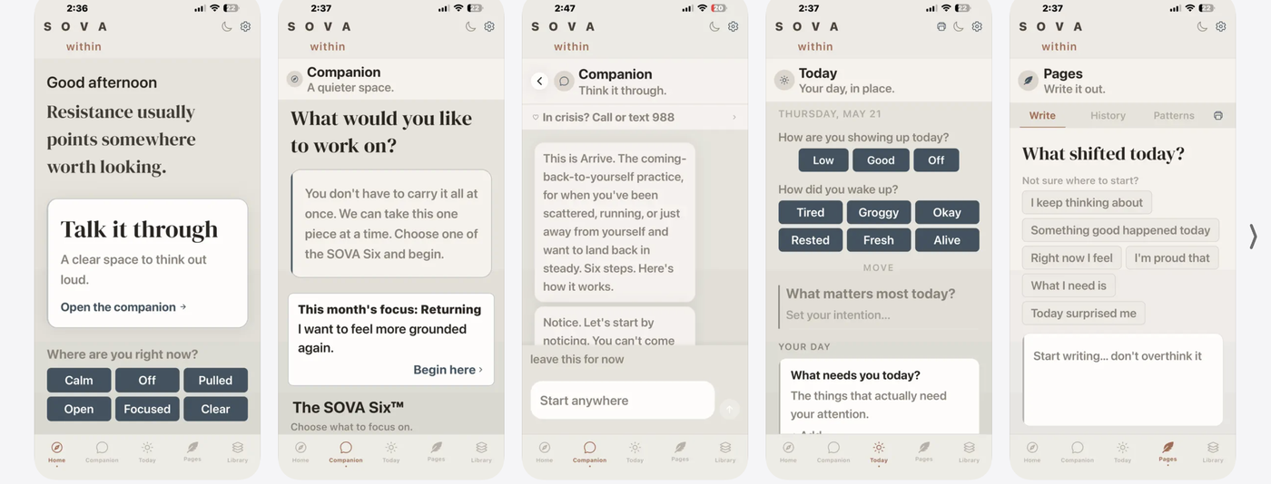 SOVA within app — Companion, Today, and Pages screens