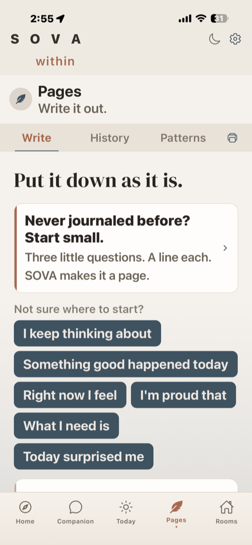 SOVA within — Pages journaling screen