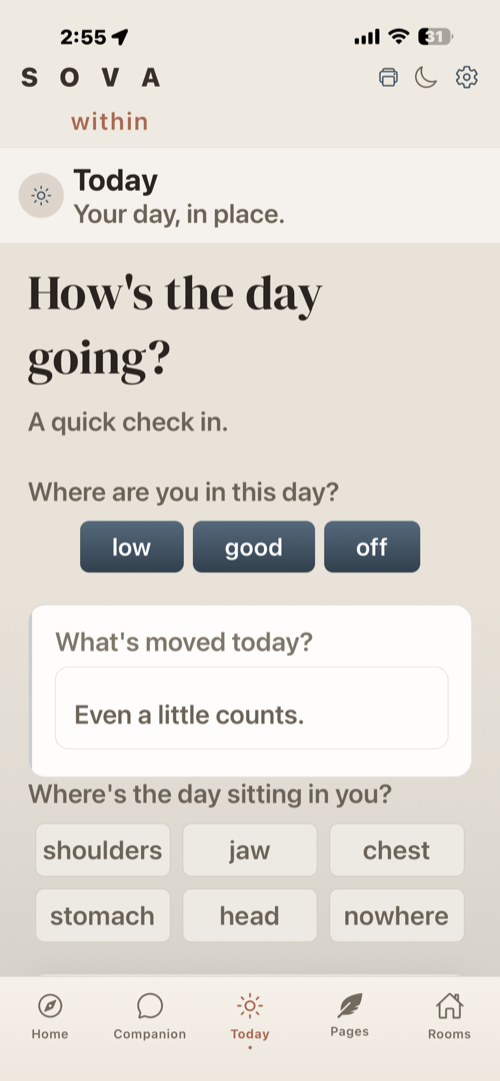 SOVA within — Today check-in screen