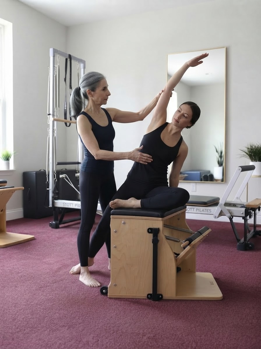 Gina Santangelo guiding a client through a side stretch on the stability chair