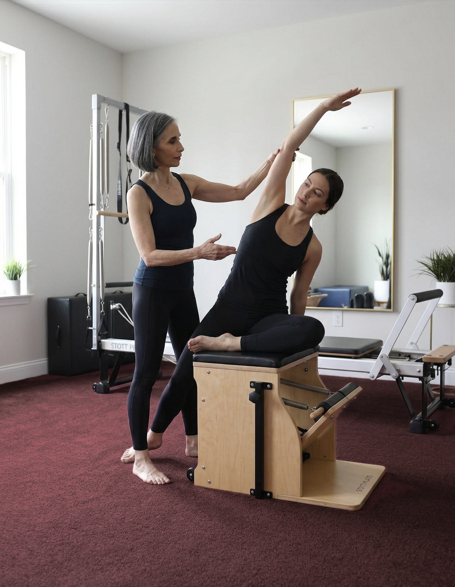 Gina Santangelo teaching a client on the Pilates Reformer