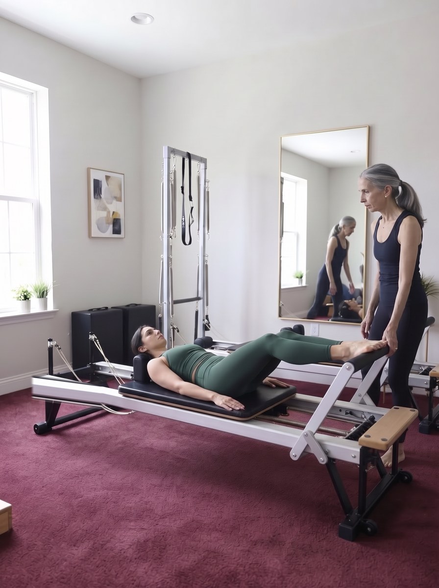 Gina Santangelo guiding a client through footwork lying on the Pilates Reformer