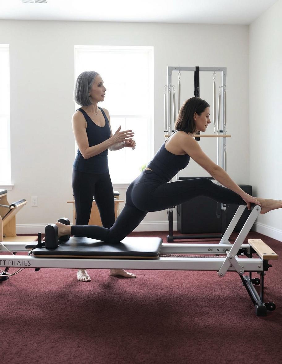 Gina spotting a client on the Pilates Reformer