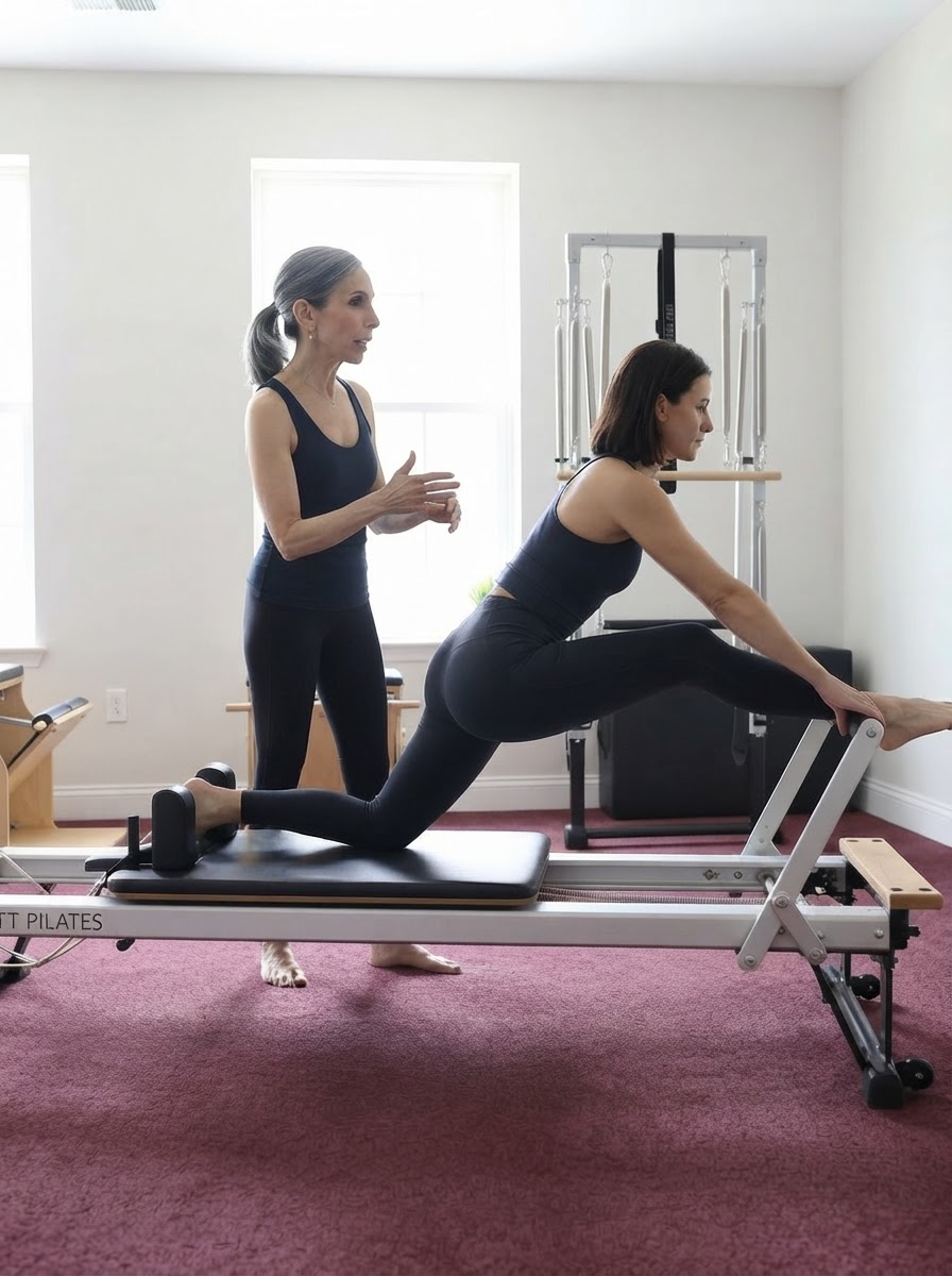 Gina Santangelo cueing a client through a kneeling lunge on the Pilates Reformer