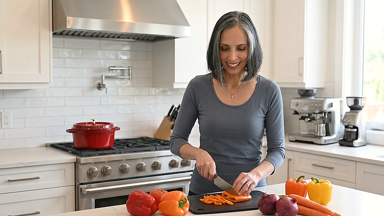 Gina in her kitchen chopping vegetables, a red Staub pot on the stove